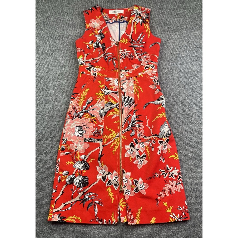 Diane Von Furstenberg Dress Women's 4 Floral Art To Wear Zip Front Sheath Resort